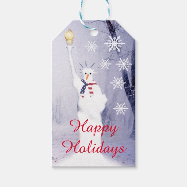Funny snögubbe patriotisk amerikansk Julafton Presentetikett (Framsidan)