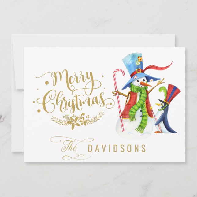 Funny Snögubbe Penguin Guld Glitter God jul Julkort (Framsida)