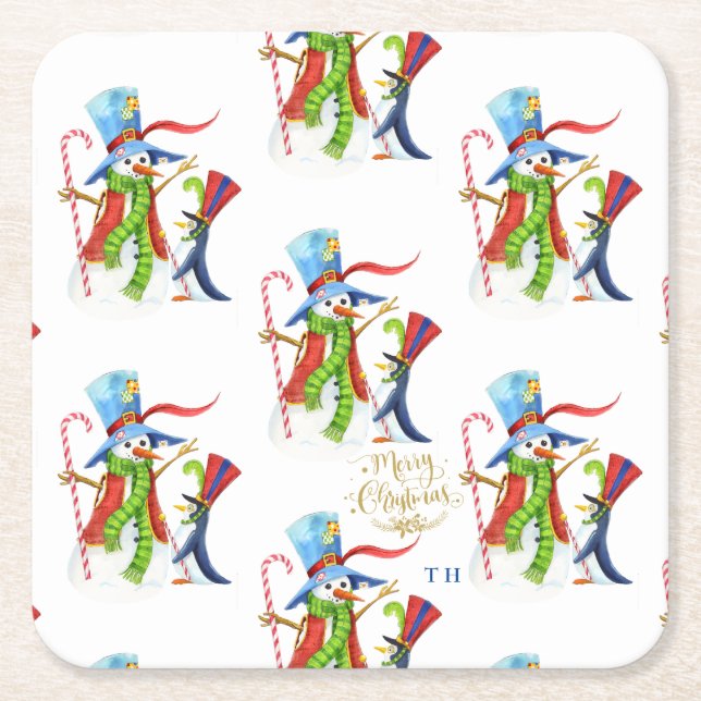 Funny Snögubbe Penguin Guld Glitter God jul Underlägg Papper Kvadrat (Framsidan)