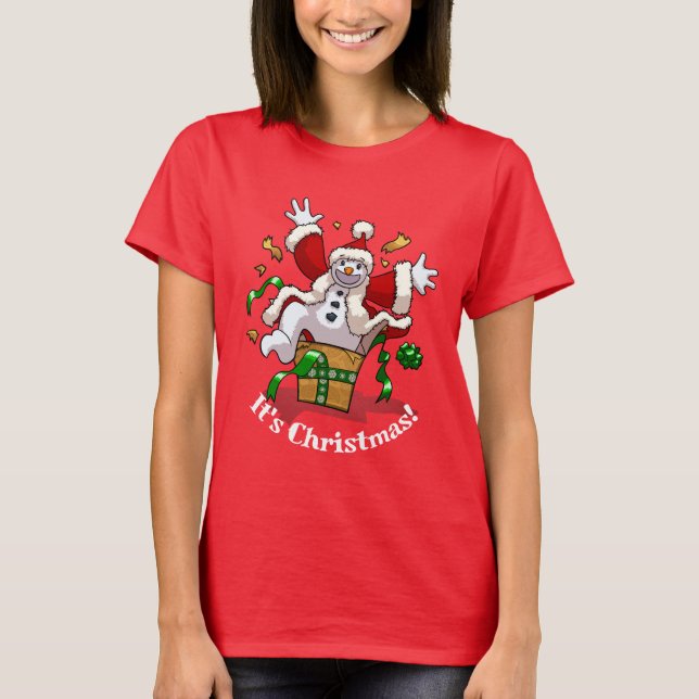 Funny Snowman It's Christmas! Big Surprise Cartoon T Shirt (Framsida)