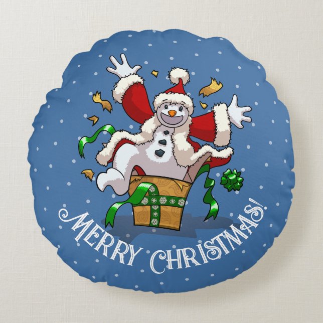 Funny Snowman Merry Christmas Surprise Cartoon Rund Kudde (Framsidan)