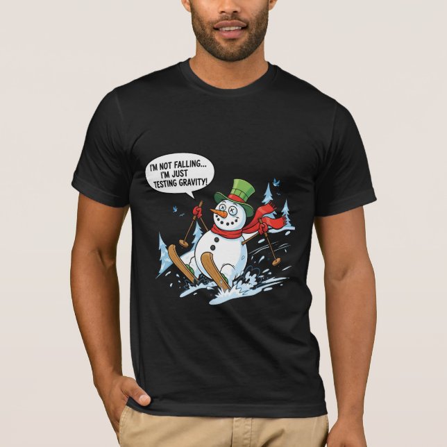 Funny Snowman Testing Gravity – Winter Ski Joke T Shirt (Framsida)