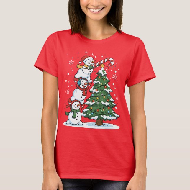 Funny Snowmen and Christmas Tree Cute Holiday  T Shirt (Framsida)