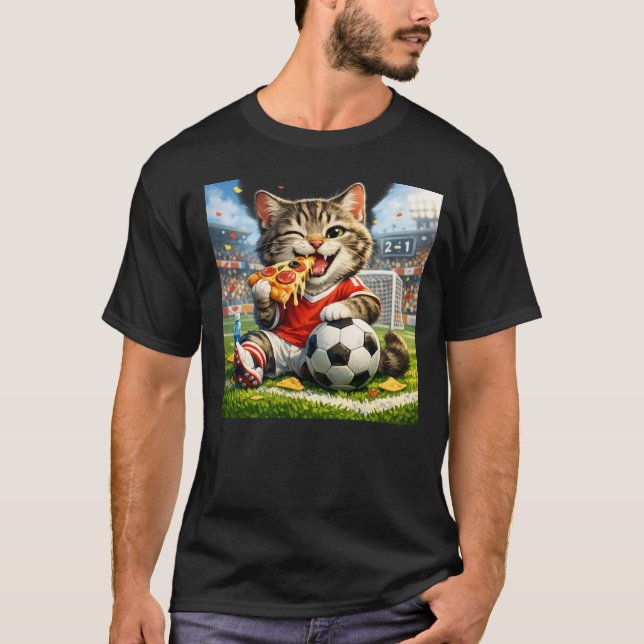 Funny Soccer Cat Eating Pizza Cartoon Design T Shirt (Framsida)