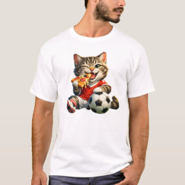 Funny Soccer Cat Eating Pizza Cartoon Design T Shirt