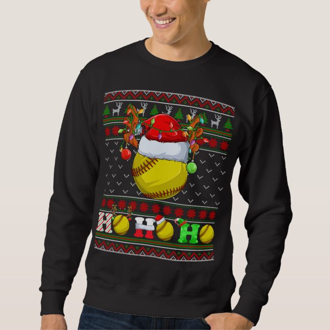 Funny Softball Boll Julafton Träd Ljus Ugly Christ Lång Ärmad Tröja (Framsida)