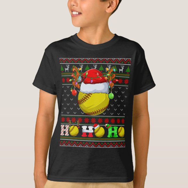 Funny Softball Boll Julafton Träd Ljus Ugly Christ T Shirt (Framsida)