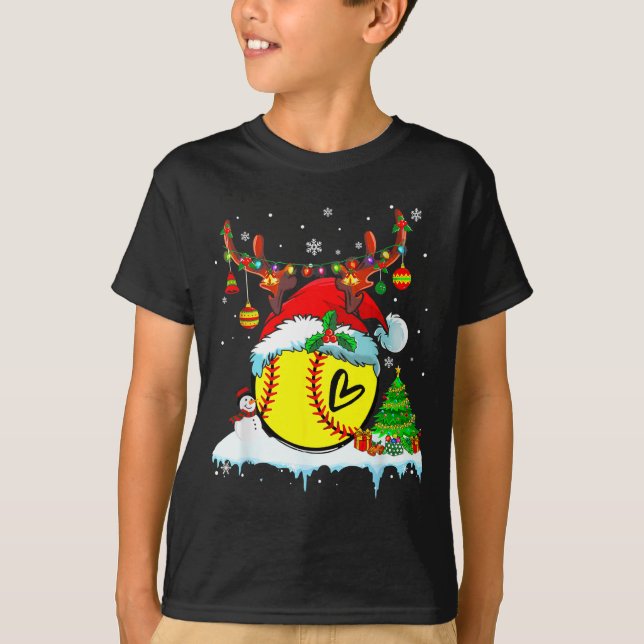 Funny Softball Christmas Reindeer Santa Hat Lights T Shirt (Framsida)