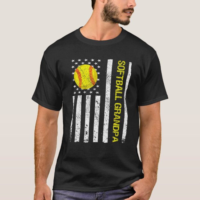 Funny Softball Grandpa American USA Flag T Shirt (Framsida)