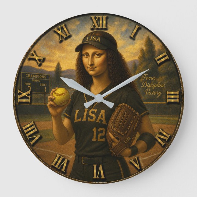  Funny Softball Mona Lisa Pitcher Gift  Stor Klocka (Framsida)