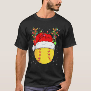 Funny Softball Reindeer Santa Hat jul Ljus T Shirt