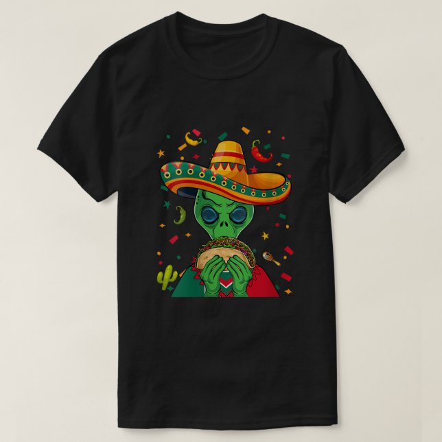 Funny Sombrero Alien Taco UFO Mexico Flagga Cinco  T Shirt (Design framsida)
