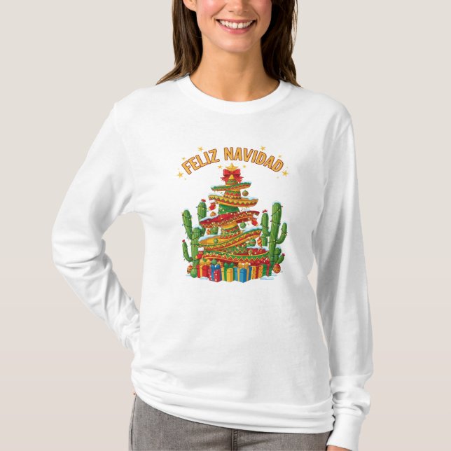 Funny Sombrero Stack Christmas Tree Feliz Navidad T Shirt (Framsida)