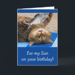 Funny Son Fishing Birthday Kort<br><div class="desc">Underbart kort för den son som kärlek bara är ute med en fiskekapel. Du vet att han bara måste komma in i det sista kastet! Anpassa budskapet och skapa ditt eget speciella hälsning. Tack för tittar! Photo ©Christine Greenspan</div>
