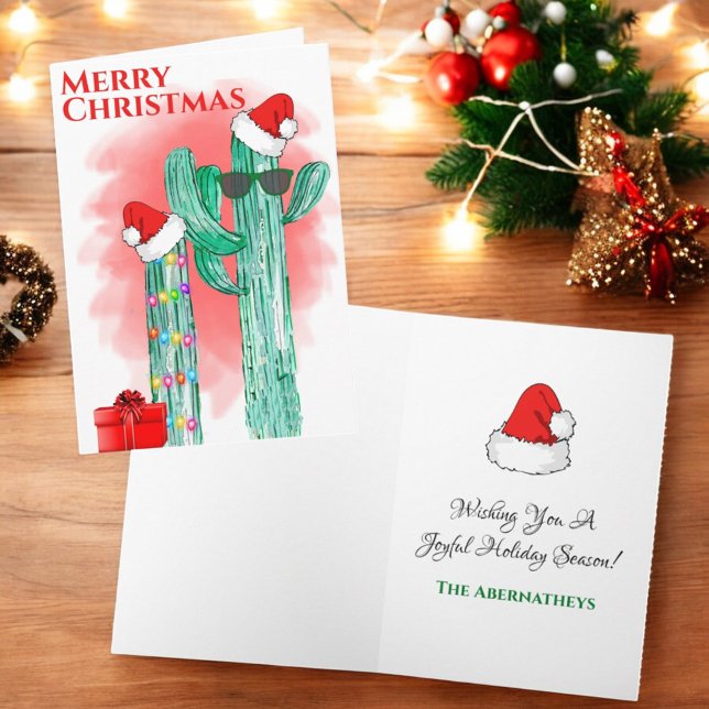 Funny Southwest Cactus Santa Hats Anpassningsbar Helgkort (Christmas folding greeting card cover and inside template text)