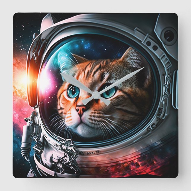 Funny Space Cat Astronaut Kattunge Galaxy Universe Fyrkantig Klocka (Framsida)