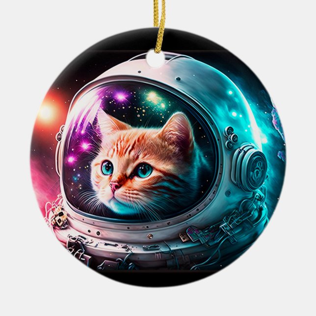 Funny Space Cat Astronaut Kattunge Galaxy Universe Julgransprydnad Keramik (Framsidan)