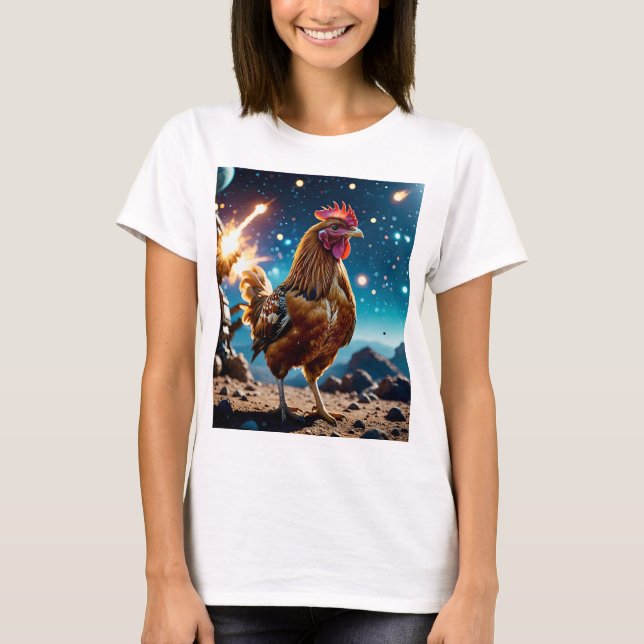 Funny Space Chicken Sci-Fi Äventyr T-Shirt (Framsida)
