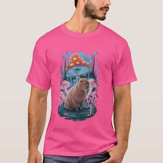 Funny Space Mushroom Capybara T Shirt (Framsida)