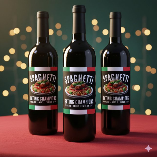 Funny Spaghetti Eating Champion Family Reunion Vinflaska Etikett (Funny Spaghetti Eating Champions Italian Family Reunion Wine Labels Cover Photo)