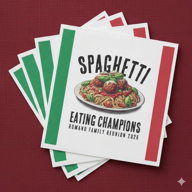 Funny Spaghetti Eating Champions Family Reunion Pappersservett (Funny Spaghetti Eating Champions Italian Family Reunion Paper Napkins Cover Photo)