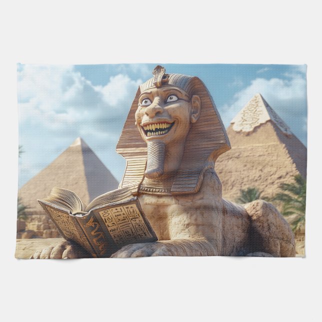 Funny Sphinx Statue Reading Ancient Bok i Egypten Kökshandduk (Horisontell)