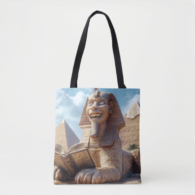 Funny Sphinx Statue Reading Ancient Bok i Egypten Tygkasse (Framsida)