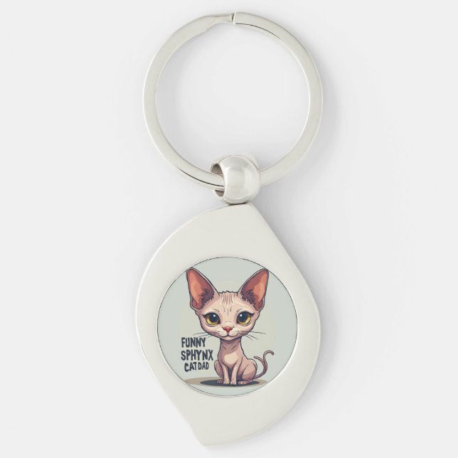 Funny Sphynx Cat Dad Cartoon Art Swirl Silverfärgad Nyckelring (Framsidan)