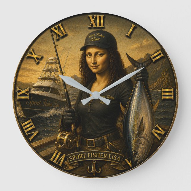 Funny Sport Fishing Mona Lisa Fisherman Gift  Stor Klocka (Framsida)