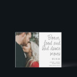 Funny Sprit Dance Dance Moves Sparar datum Meddelande Vykort<br><div class="desc">De här lustiga besparingarna är för det roligt paret som inte kan vänta med att fira med sin familj och sina vänner. Grått-textdesign med anpassningsbarnas foto som lyder: Sprit,  mat och dålig dans rör sig. Lägg till information på kortets framsida och baksida.</div>