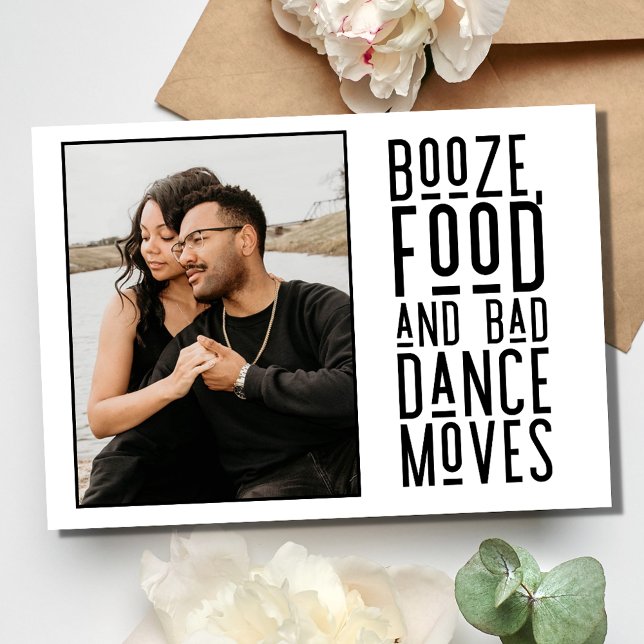 Funny Sprit Food Bad Dance Moves Photo Bröllop Spara Datumet (Funny Booze Food Bad Dance Moves Photo Wedding Save The Date)
