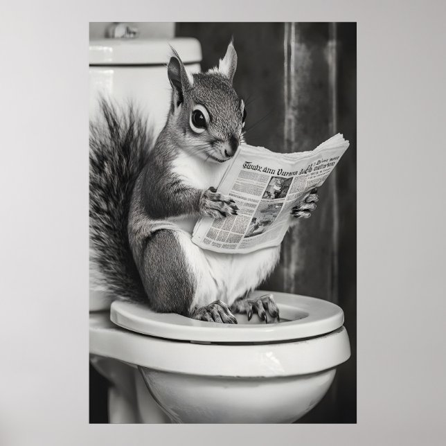 Funny Squirrel Bathroom Print, Reading Newspaper Poster (Framsidan)