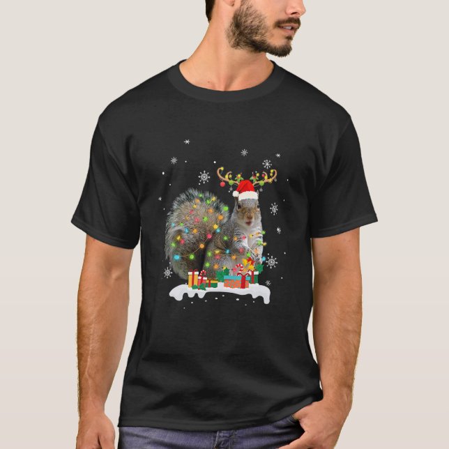 Funny Squirrel Christmas Reindeer Christmas Lights T Shirt (Framsida)