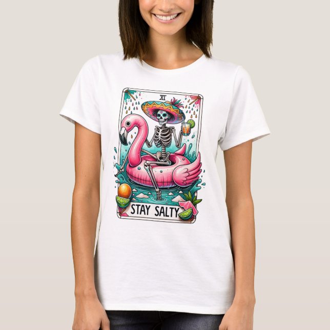 Funny Stanna Salty Flamingo Flyt Skeleton Tarot T Shirt (Framsida)