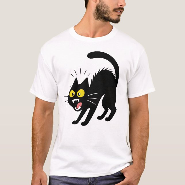 Funny Startled Black Cat Cartoon Illustration T Shirt (Framsida)