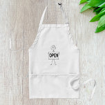 Funny Stick figur Holding Open Sign Förkläde<br><div class="desc">Cook, craft, eller med stil i denna apron som visar ett glatt stick figur med en "OPEN"-skylt. Perfekt för roligt i köket, matsalar eller säljfrämjande åtgärder för små företag. Den här designen ger en humoristisk och välkomnande vib. Ett underbart val för entreprenörer, hemmakontorer eller alla som njuter av ett lättskrämt...</div>