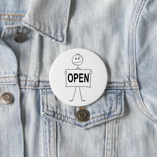 Funny Stick figur Holding Open Sign Knapp (Skapare uppladdad)