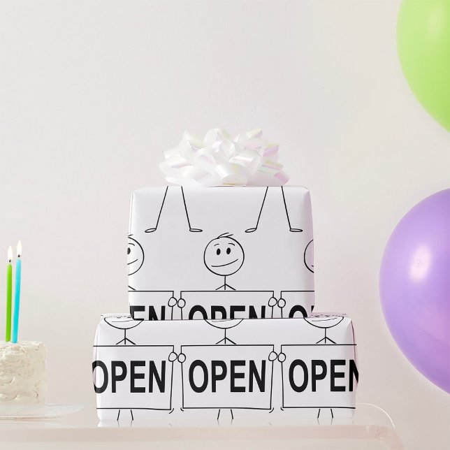 Funny Stick figur Holding Open Sign Presentpapper (Skapare uppladdad)