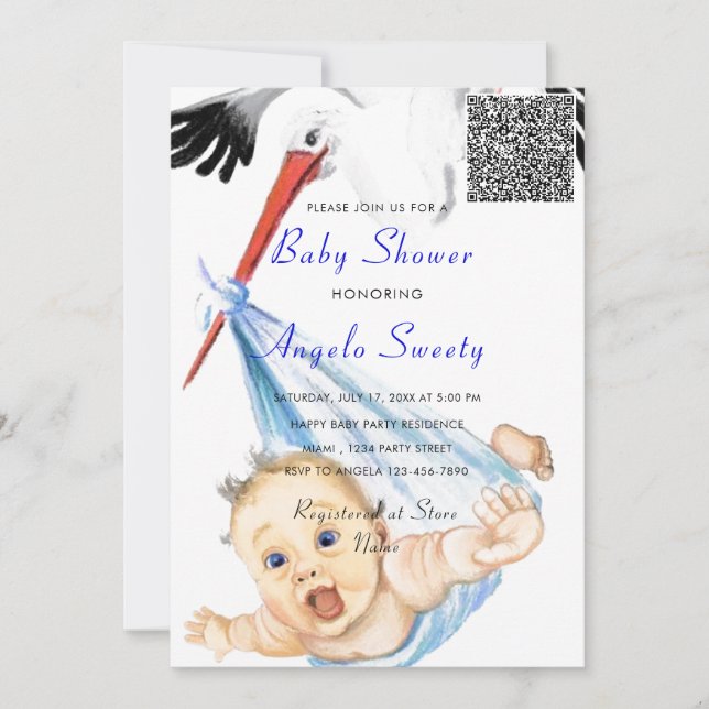 Funny Stork Baby Shower-inbjudan med QR-kod (Framsida)