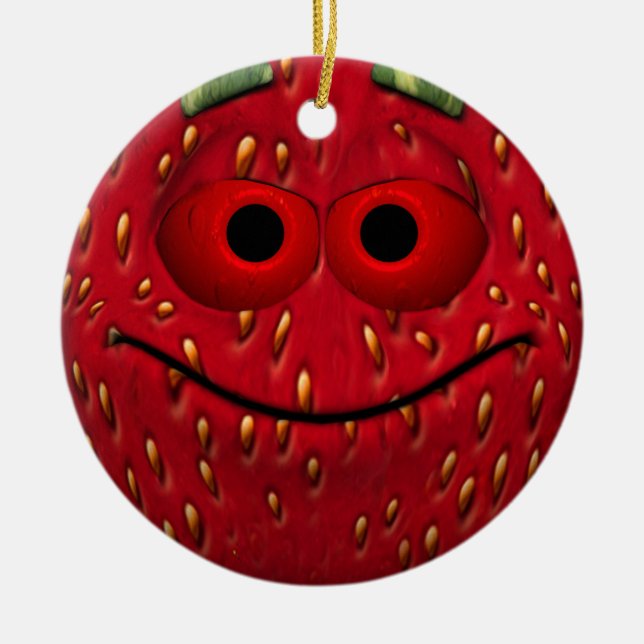 Funny Strawberry Emoticon Julgransprydnad Keramik (Framsidan)