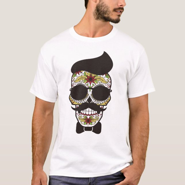 Funny Sugar Skull Hipster Mustache Nerd Halloween T Shirt (Framsida)