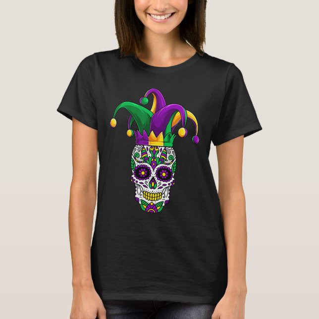 Funny Sugar Skull Mardi Gras Party Apparel T Shirt (Framsida)