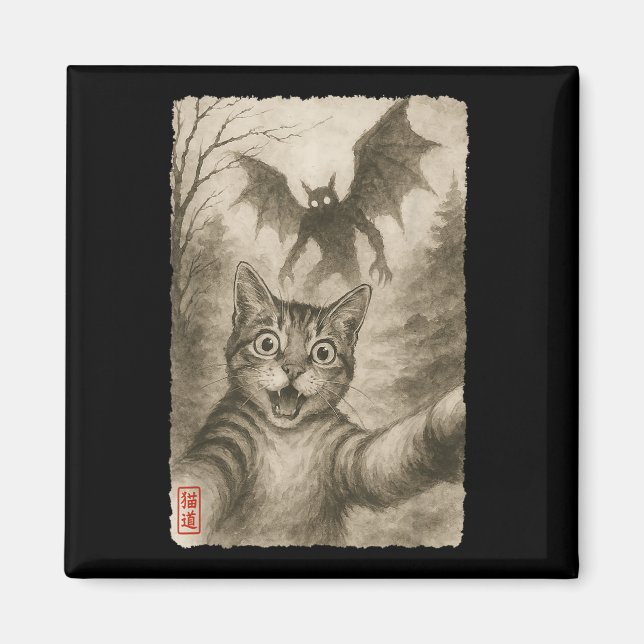 Funny Sumi-e Kawaii Surprisade Skrämt Cat Selfie W Magnet (Framsidan)