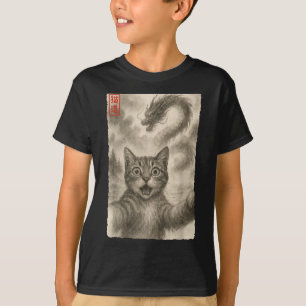 Funny Sumi-e Kawaii Surprisade Skrämt Cat Selfie W T Shirt