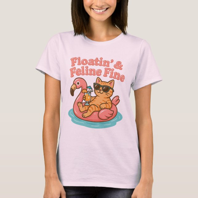 Funny Summer Cat Flamingo T-Shirt (Framsida)