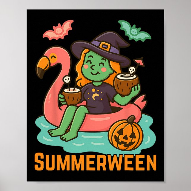 Funny Summerween Cute Witch Flyter i Flamingo G Poster (Framsidan)