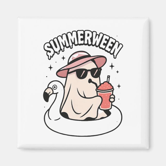 Funny Summerween Ghost-Rosa Flytande i Flamingo C Magnet (Framsidan)