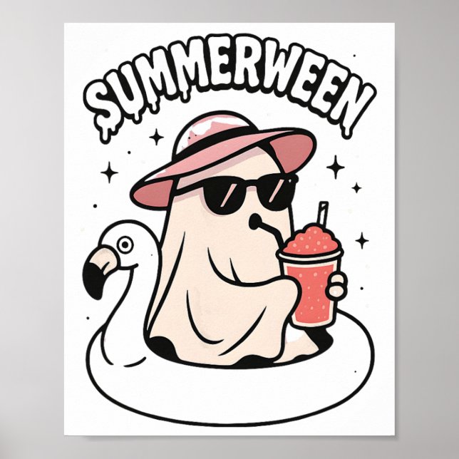 Funny Summerween Ghost-Rosa Flytande i Flamingo C Poster (Framsidan)