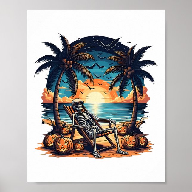Funny Summerween Skeleton Beach Party Halloween Vi Poster (Framsidan)