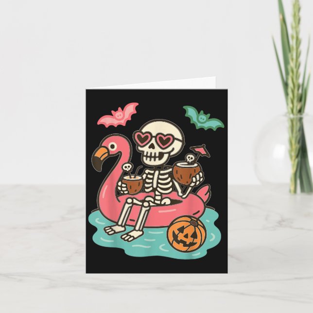 Funny Summerween Skeleton Flytande i Flamingo-klip Kort (Framsida)